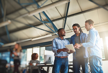 Poster - Tablet, meeting or designers in creative startup for research project, website review and collaboration. Teamwork, lens flare or people on digital tech for brainstorming, planning or online brief