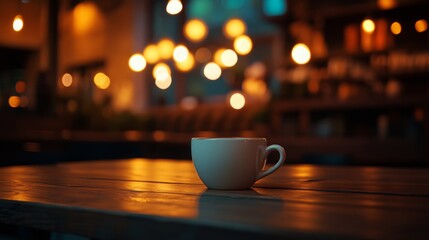 Poster - In a softly lit cafe, a single coffee cup sits on a rustic wooden table. The ambient lighting creates a warm and inviting atmosphere, perfect for evening relaxation or conversation.