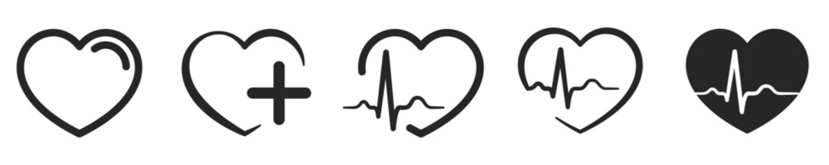 Heart icons in linear design for medicine, healthcare, love passion, and romantic concepts. Heartbeat flat icon for medical apps and sites. Cardiogram heart logo in linear style. Vector illustration