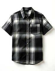 Wall Mural - black and white short-sleeves plaid shirt isolated on white background