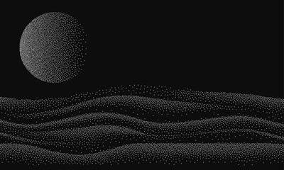 Aufkleber - Stippled grain background mountain and moon spot texture. Vector illustration landscape for print, interior decor, wall art, canvas print.