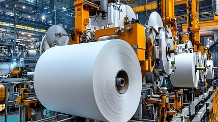Poster - Massive rolls of paper being wound up on large industrial spools or cylinders used in various manufacturing packaging and distribution processes within the industrial and construction sectors