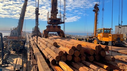 Poster - Pile of Freshly Cut Raw Timber Logs Unloaded for the Paper Manufacturing Production Process in a Forestry or Industrial Facility