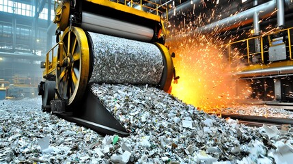 Poster - Recycled paper material being processed and transformed into fresh new paper pulp through an industrial papermaking facility showcasing the sustainable manufacturing of eco friendly materials