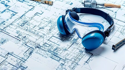 Safety goggles and ear defenders resting on a blueprint table symbolizing the importance of protective equipment in industrial and construction work environments