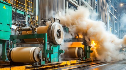 Aufkleber - Steam rising from drying rollers in the paper manufacturing process  Industrial equipment and machinery at a paper mill or factory