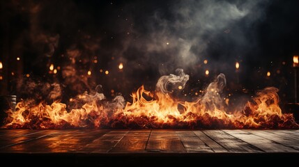 Wall Mural - Flames and smoke frame a wooden table, generating a powerful visual scene for impactful product display or branding.