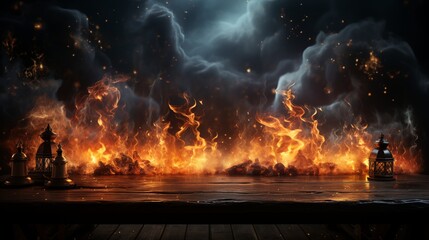 Wall Mural - Wooden table edge engulfed in fiery flames with smoke, creating a dramatic, high-energy background for bold product displays.