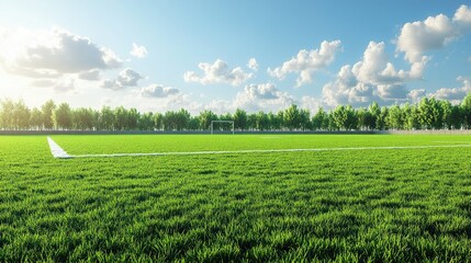 A clean 3D rendering of a football field with vibrant green grass, goalposts, and sidelines, large copy space available.