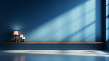 Wall Mural - Empty blue corner with gentle light streaming from a window, creating a peaceful platform for product display or staging.