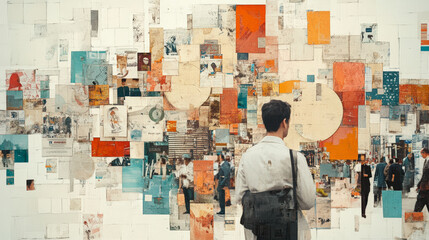 A person in a white coat stands before an abstract collage of colorful fragments and photographs, evoking a sense of urban life and creativity.