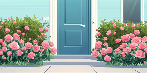 Rose bushes lining pathway to front door, illustration art