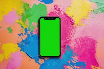 Wall Mural - Phone with green screen on a vibrant, colorful background with paint splashes