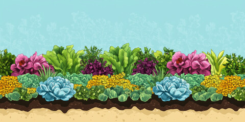 Wall Mural - Stocks growing in neat rows in a cutting garden, illustration art