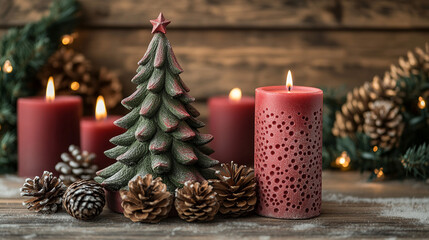 Wall Mural - Christmas decorations in shape of Christmas tree, candles.