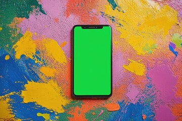 Wall Mural - Phone with green screen on a vibrant, colorful background with paint splashes