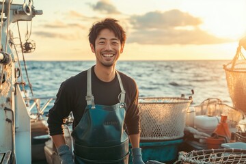 A man in a blue apron is smiling and standing on a boat