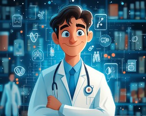 Vibrant illustration of a confident male doctor in cartoon form, surrounded by various medical symbols, prepared to assist patients in a friendly setting