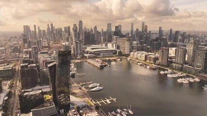 Poster - Aerial view around Melbourne with harbour and city view under cloudy sky