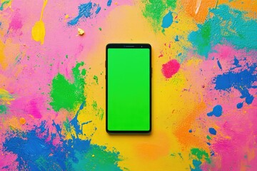 Wall Mural - Phone with green screen on a vibrant, colorful background with paint splashes