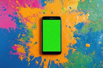 Wall Mural - Phone with green screen on a vibrant, colorful background with paint splashes
