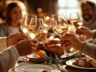 A warm family gathering on Thanksgiving Day, where loved ones toast with glasses of wine, celebrating togetherness and joy over a festive dinner table filled with delicious dishes.