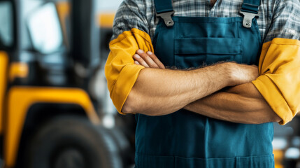 A worker stands confidently with crossed arms, wearing blue apron and yellow sleeves, in workshop setting. background features machinery, emphasizing professional environment