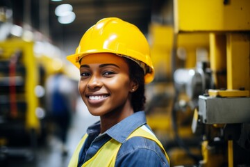 Wall Mural - Smiling portrait of a young woman working in factory