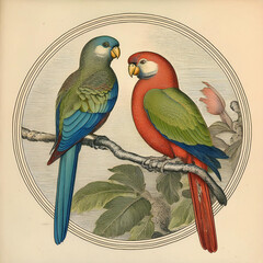 Illustration of colorful parrots perched on a branch in a vintage style reminiscent of classic naturalist works