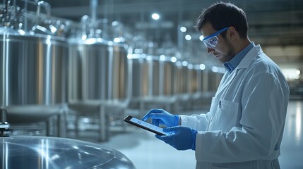 scientist using digital tablet in modern food processing facility
