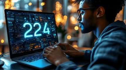 Man Working On Laptop With Blue Glowing Code Illustration