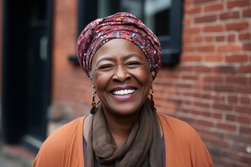 Portrait of a confident body positive senior woman smiling outdoors with a brick wall background