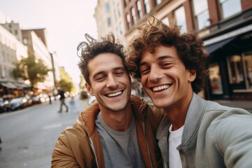 Wall Mural - Close up of a gay male couple taking selfie while walking in city