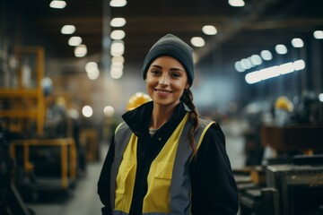 Wall Mural - Smiling portrait of a young woman working in factory