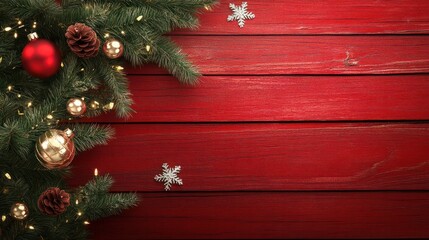 Holiday theme with wooden surface red backdrop and decorated tree