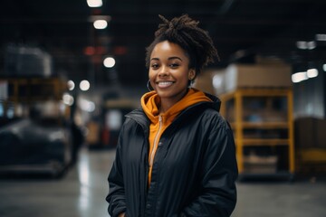 Wall Mural - Smiling portrait of a young woman working in factory