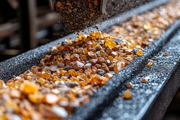 Wall Mural - Amber Stones Flowing on a Conveyor Belt