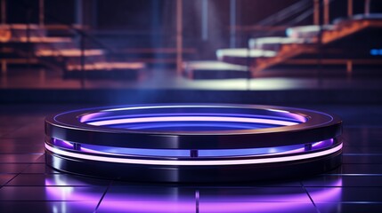 Wall Mural - Floating blue podium with neon ring, perfect for showcasing futuristic themes or tech displays.