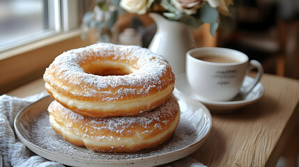 Two Glazed Donuts with Powdered Sugar on a Plate - Food Photography