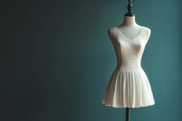 A stylish mannequin showcases a simple white dress against a calm, muted background, highlighting elegance and modern design. The setup emphasizes minimalism and fashion allure.