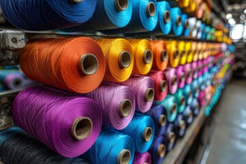 Wall Mural - Colorful Spools of Thread on a Shelf in a Factory