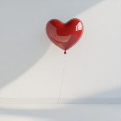 Wall Mural - A 3D render of a red heart-shaped balloon floating mid-air, casting soft light reflections, against a clean white background