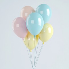 Wall Mural - A bunch of pastel-colored balloons including soft blue, yellow, and pink, floating in mid-air against a clean white background