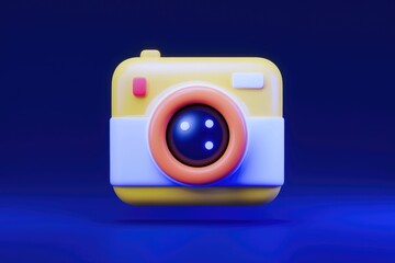 A 3D rendering of a yellow and orange camera icon on a blue background.