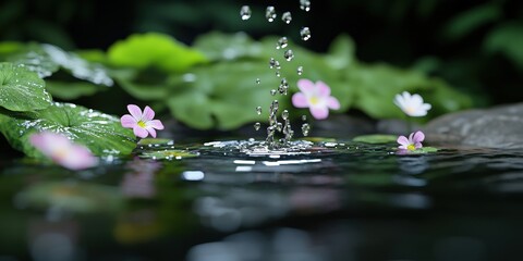 Canvas Print - Water Droplet Splash in Pond with Pink Flowers and Green Leaves