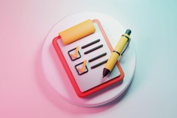 Aufkleber - A 3D rendering of a clipboard with a checklist and a pen  representing task management.
