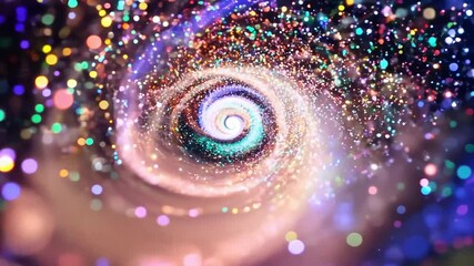 Wall Mural - Colorful spiral galaxy spins with particles against a black background, creating a mesmerizing cosmic display