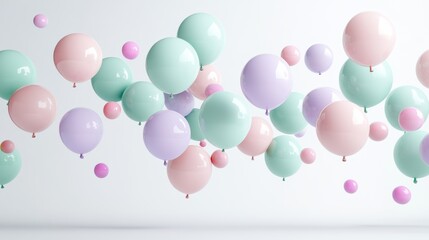 Wall Mural - A floating bunch of pastel-colored balloons in soft pink, mint green, and lavender, creating a whimsical and cheerful scene against a clean white background