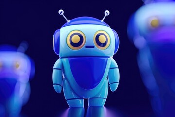 Leinwandbilder - A blue robot with antennas and big eyes stands out against a blurry background of other robots.