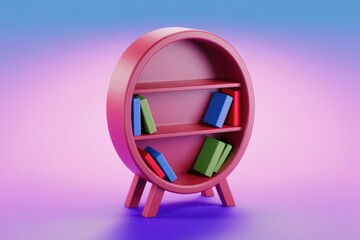 Poster - Colorful circular bookshelf on wooden legs against gradient background.